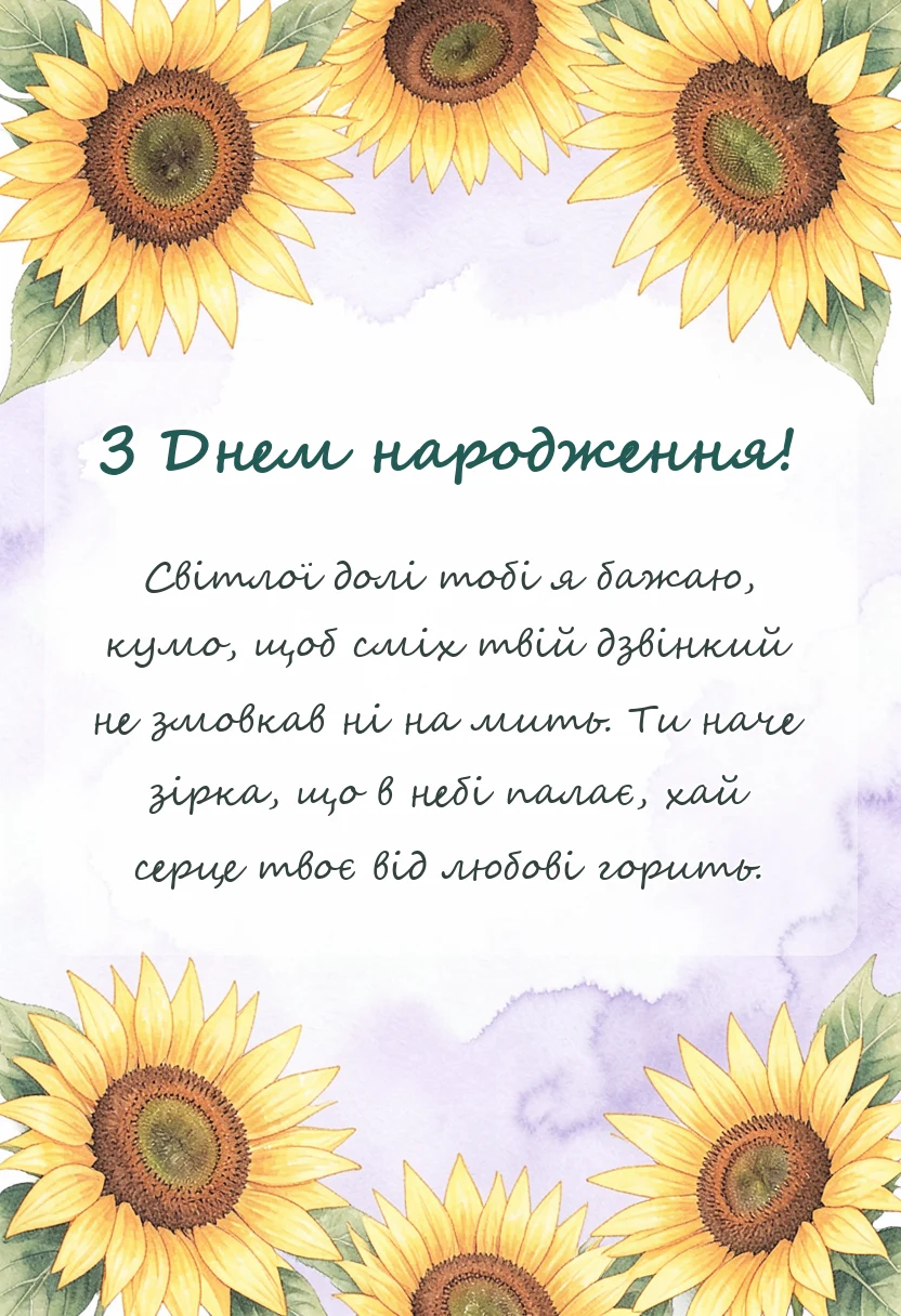 красива листівка: привітання з днем народження кумі