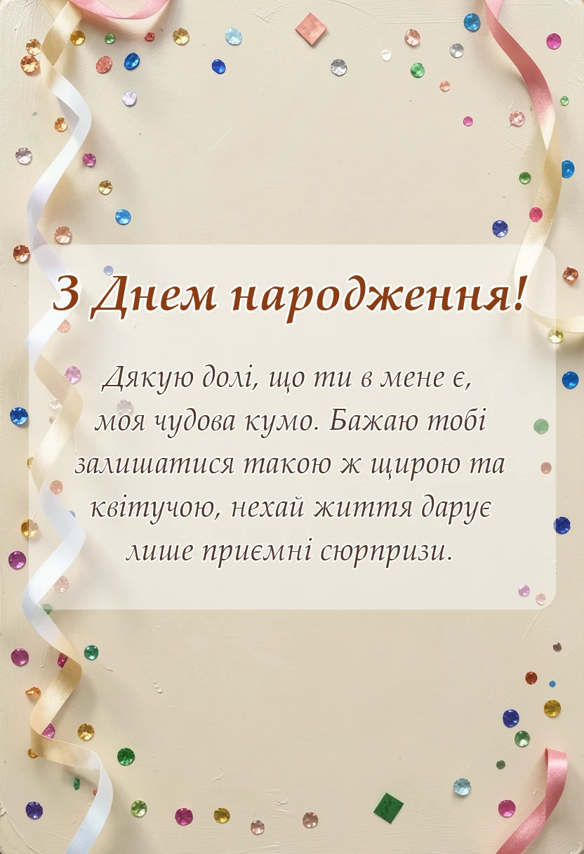 вітальна листівка - привітання з днем народження кумі