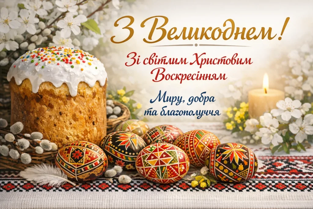 Великоднє привітання з куличем та писанками
