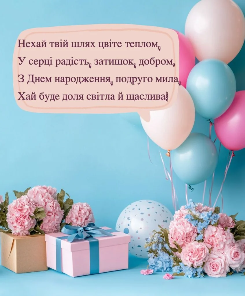 Квіти, подарунки та кульки для привітання з днем народження подрузі.