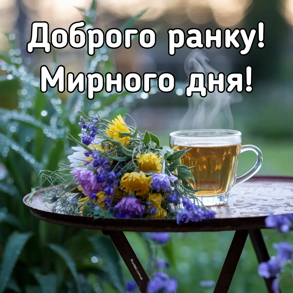 Чашка гарячого чаю та квіти на столі ранковим днем.