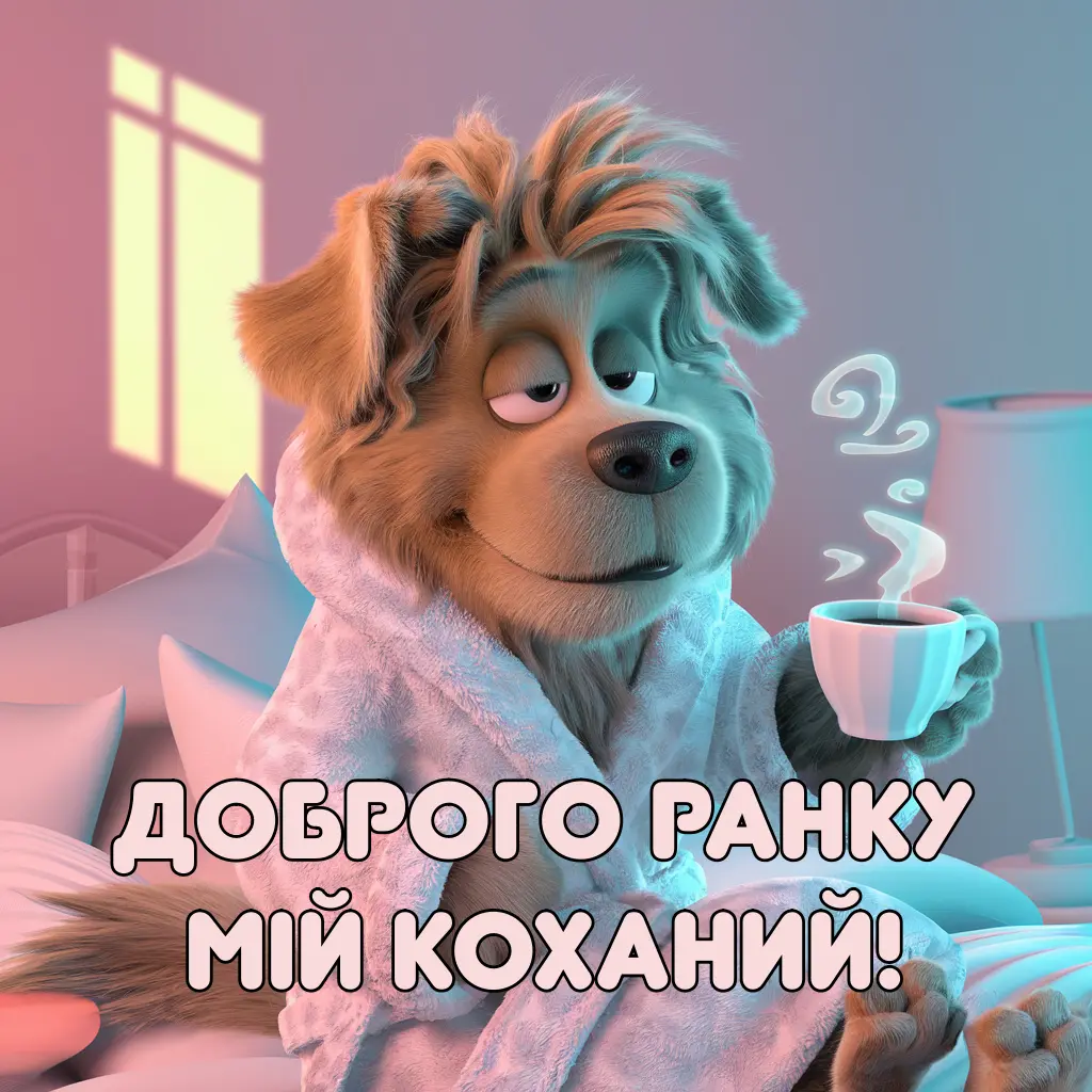 Сонячний ранок: пес у халаті з кавою каже доброго ранку коханому.