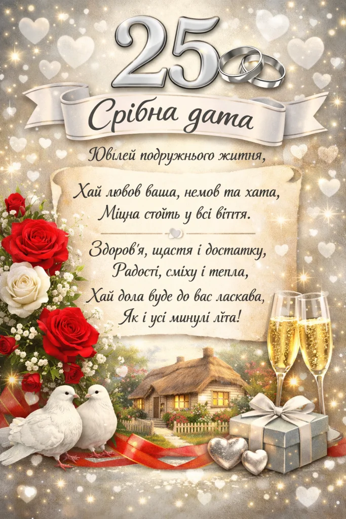 Срібне весілля: квіти, голубки та шампанське для привітання.