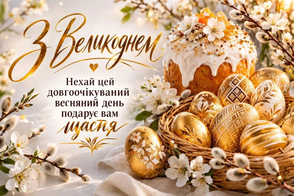 Великоднє привітання з куличем та золотими яйцями.
