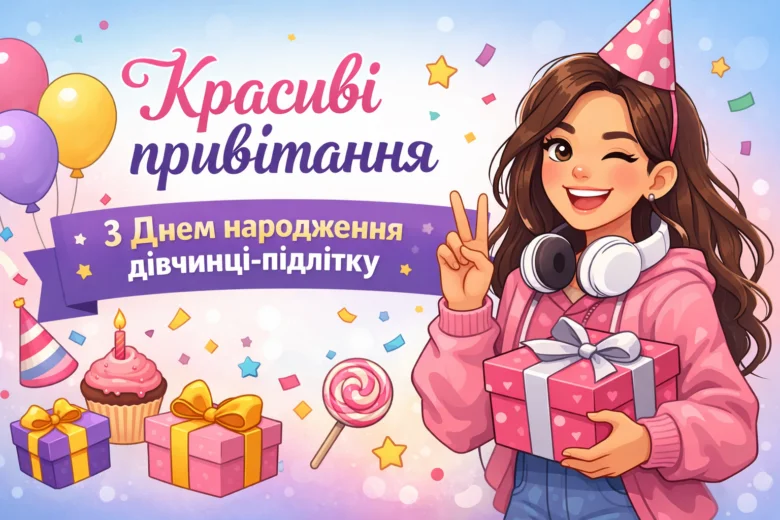 Дівчина з подарунками та кульками на день народження