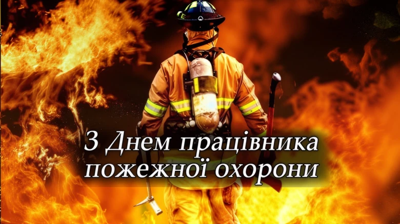 Вогняний фон з пожежником та привітанням на українській мові.