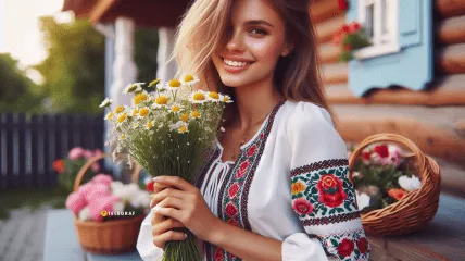 Усміхнена жінка в вишиванці тримає букет ромашок.