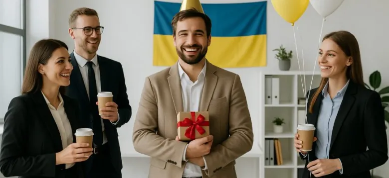 Чоловік святкує день народження з колегами під прапором України.