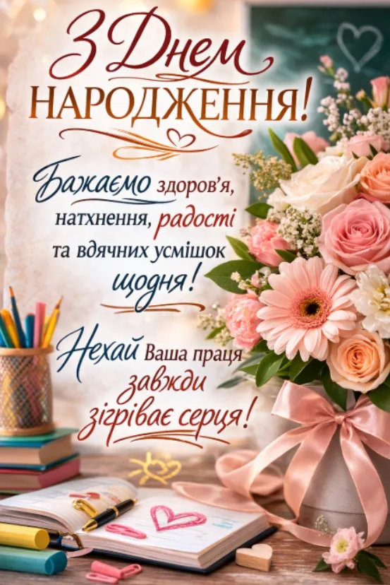 Квіти та канцелярія з привітанням на день народження вихователю