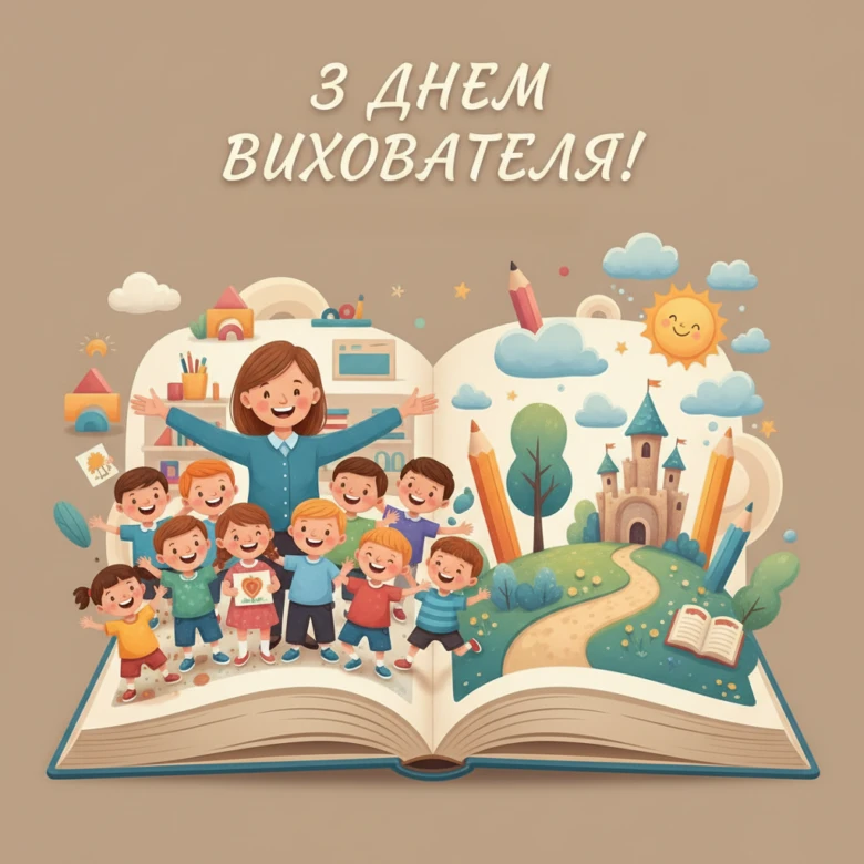 Вчителька з дітьми у книзі на День вихователя