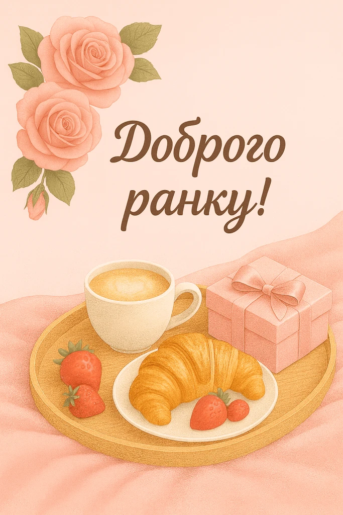 Ранковий набір з кавою, круасаном та ягодами на рожевому фоні.