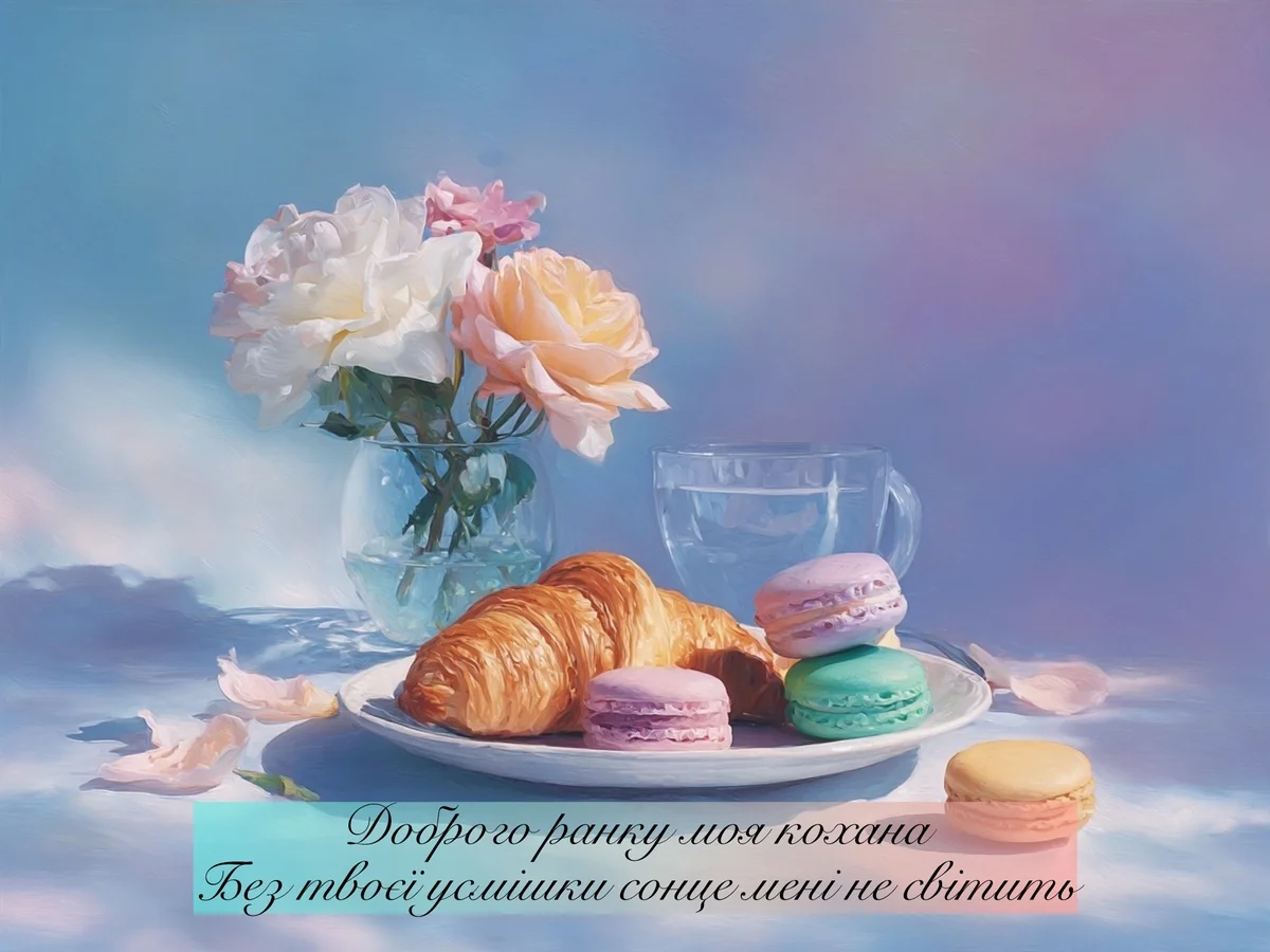Сніданок з квітами та макаронами на фоні неба