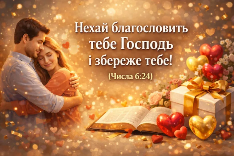 Чоловік обіймає жінку біля Біблії з привітанням на українській.