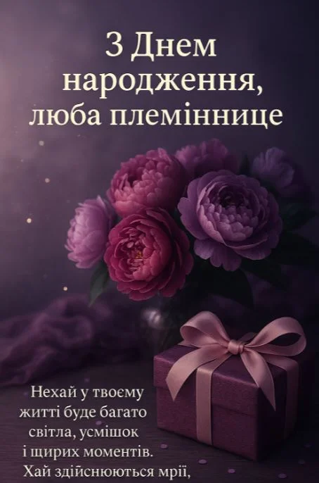 Пурпурові троянди та подарунок для племінниці з днем народження.