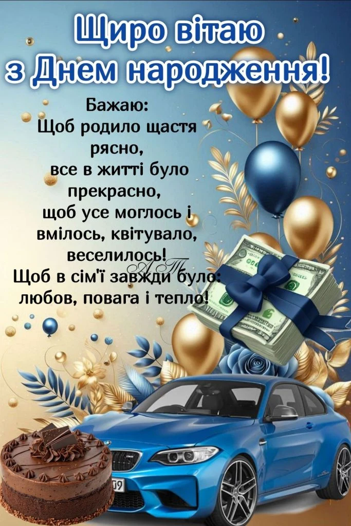 Вітання з днем народження: торт, машина, гроші та кульки