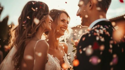 Весільна пара в квітковому дощі на фоні заходу сонця.
