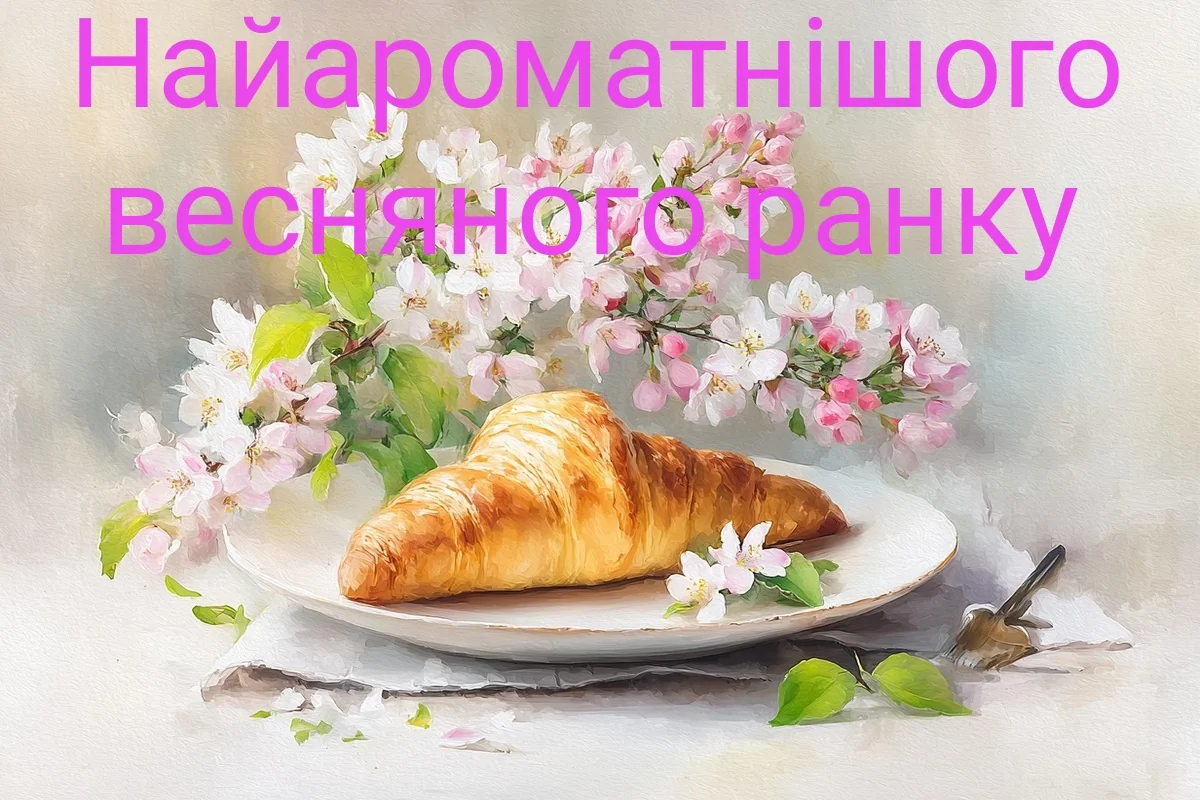 Крокант на тарілці з квітами вишні та надписом про весняний ранок.