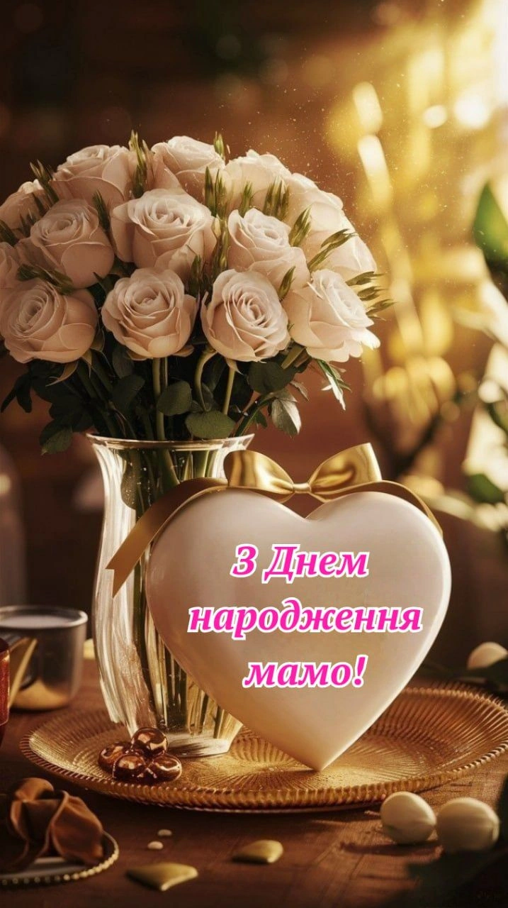 Білі троянди та серце з привітанням мамі на день народження.