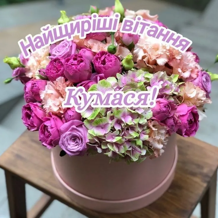 Квіти у коробці з привітанням кумі на день народження