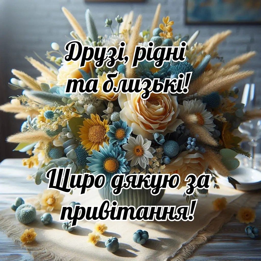 Квітковий букет з написом подяки за привітання українською.