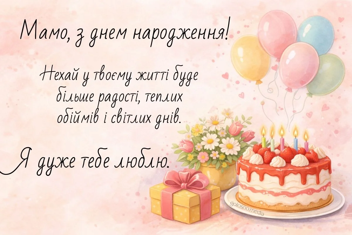 Побажання мамі з днем народження: торт, квіти та подарунок.