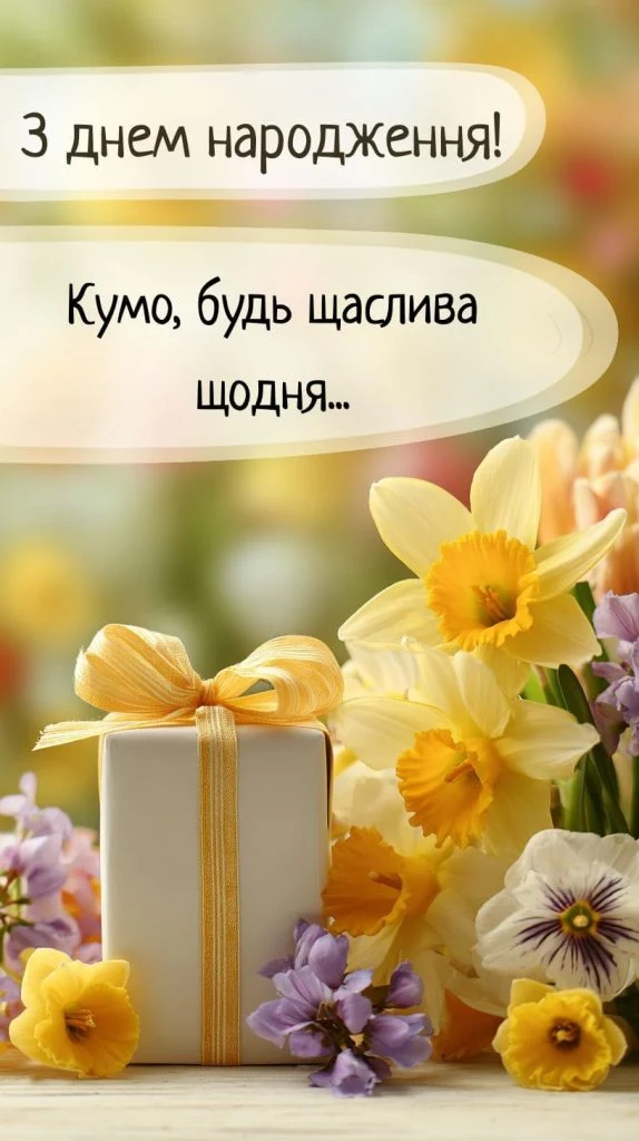 Квіти та подарунок для привітання з днем народження куми.