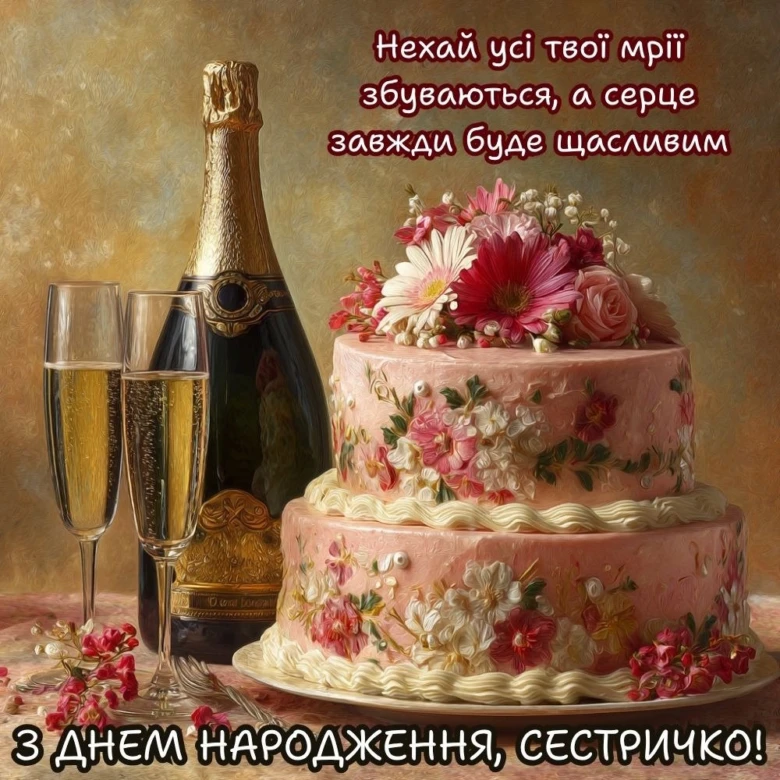 Святковий торт з квітами та шампанським для дня народження.