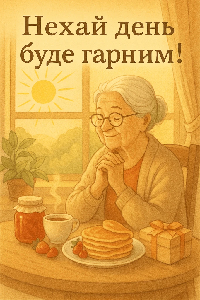 Бажаю гарного ранку! Бабуся за сніданком з подарунком.