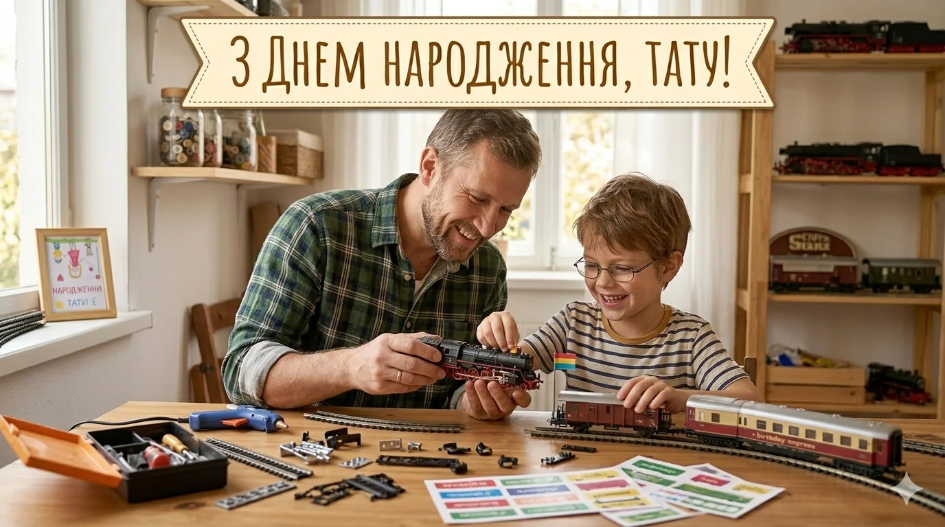 Тато та син збирають потяг на день народження тата.