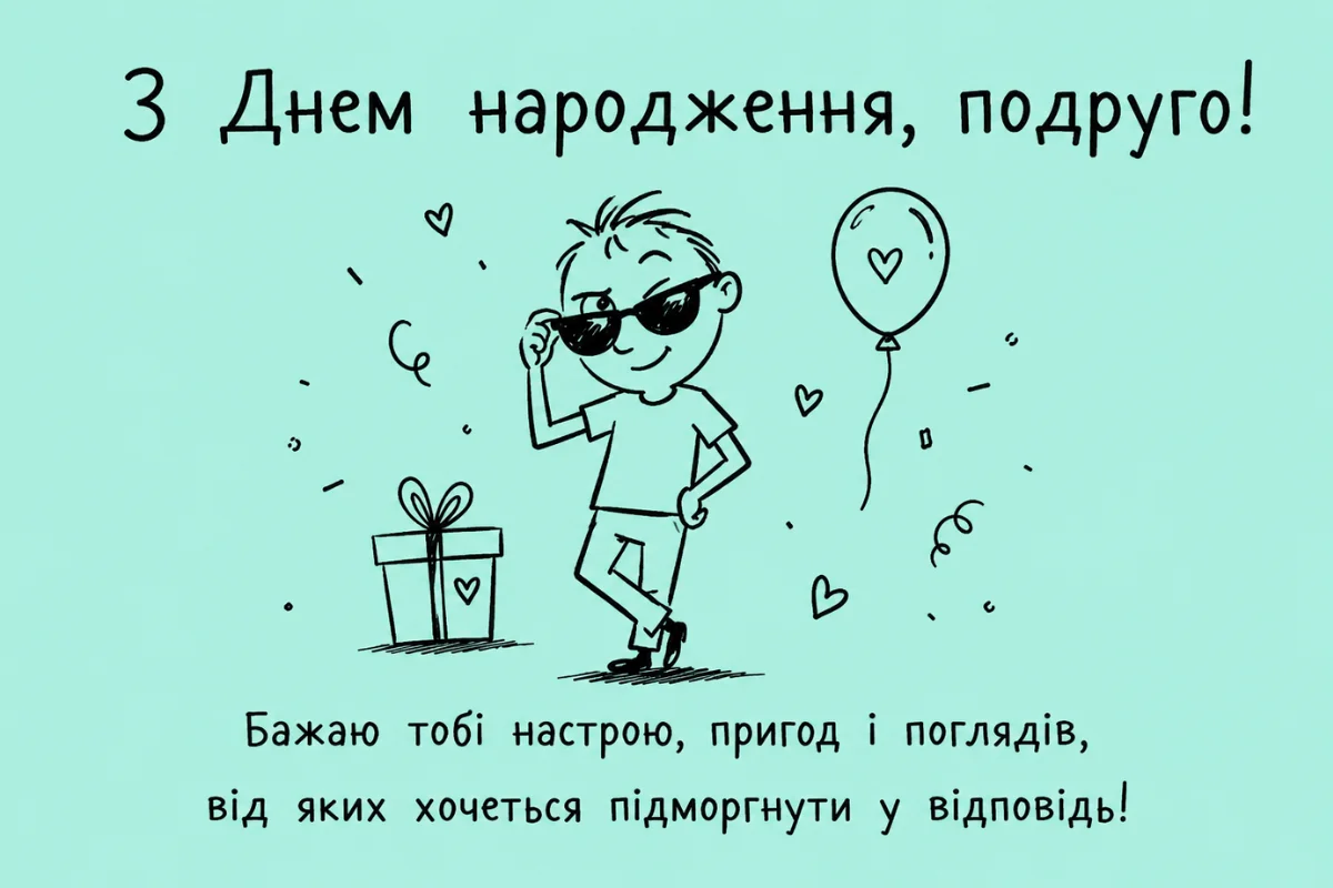 Чоловік у сонцезахисних окулярах з подарунком та кулькою.