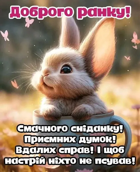 Миленький кролик у чашці з привітанням доброго ранку.