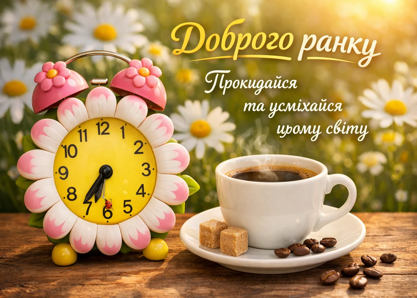 Квіти, годинник та кава з побажанням гарного ранку українською.
