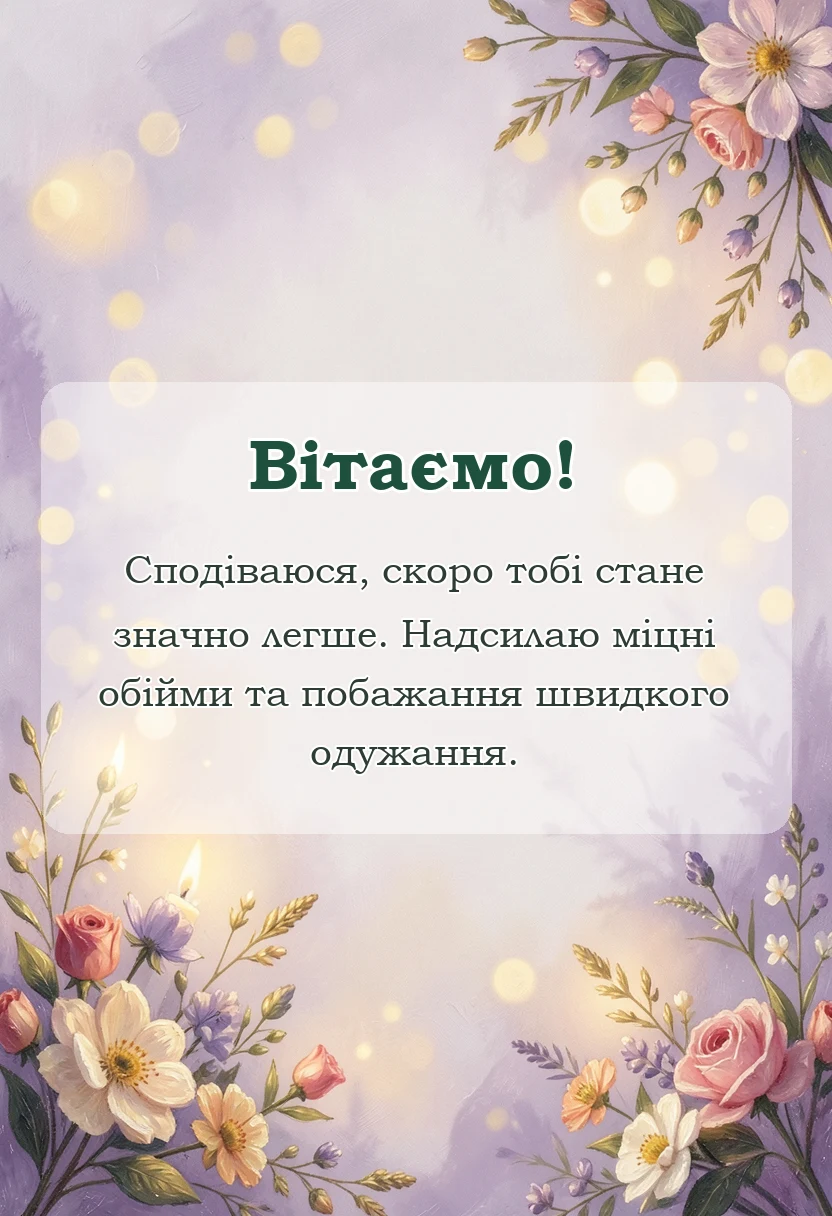 вітальна листівка - побажання швидкого одужання своїми словами та в картинках