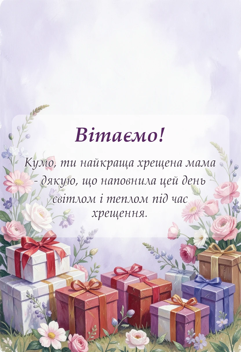 листівка з побажанням - подяка кумі за хрещення дитини своїми словами