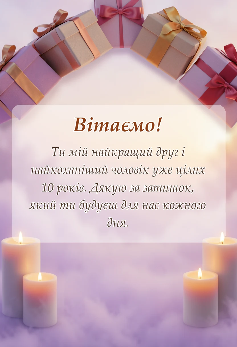 листівка з побажанням - привітання з 10 роками весілля чоловікові