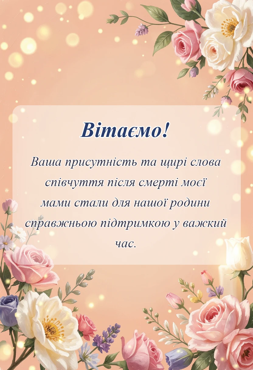 красива листівка: подяка за співчуття через смерть мами