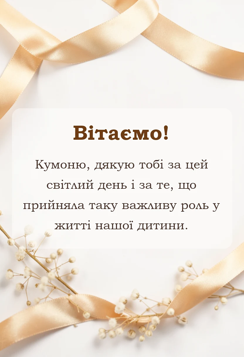 листівка з побажанням - подяка кумі за хрещення дитини своїми словами