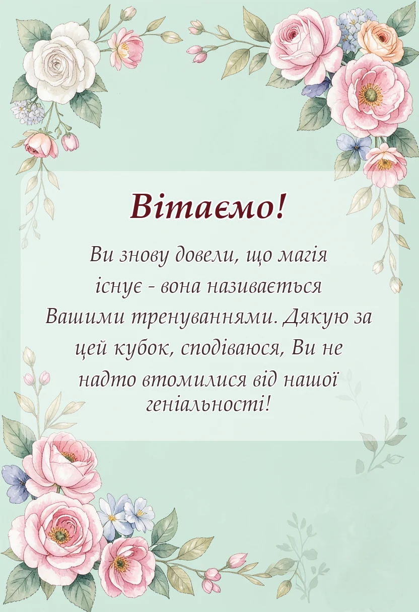 листівка з побажанням - подяка тренеру за перемогу