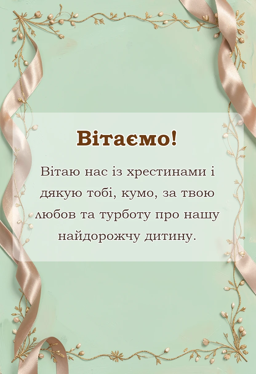 вітальна листівка - подяка кумі за хрещення дитини своїми словами