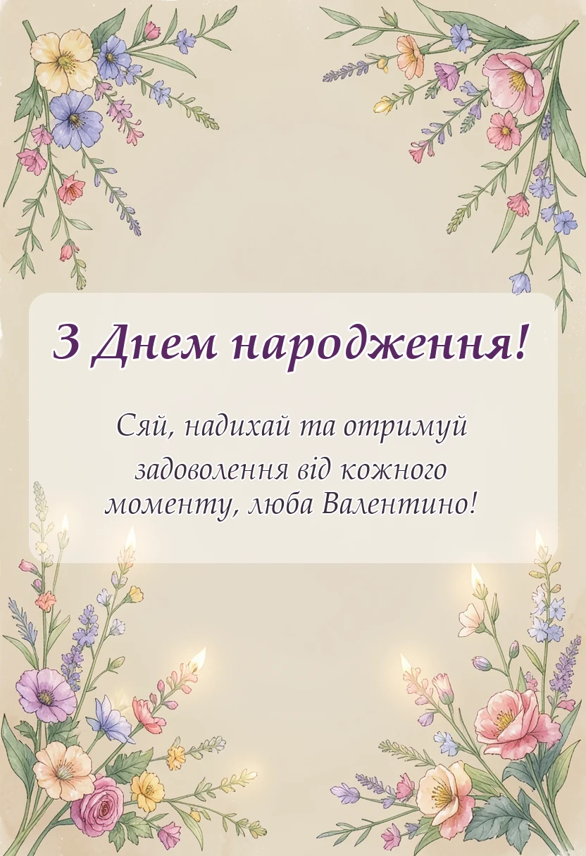 вітальна листівка - привітання з днем народження валентині