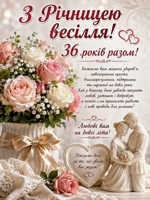 Квіти та фігурка пари з привітанням на 36 років весілля