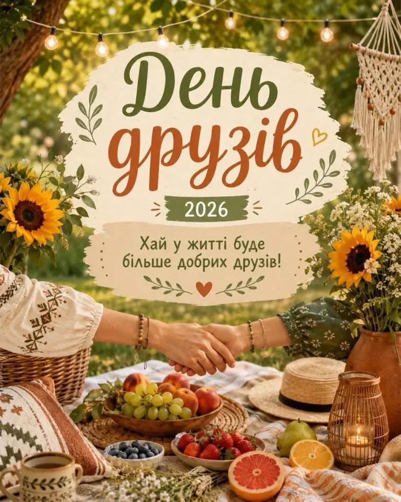 День друзів: два люди тримаються за руки на пикніку з фруктами та соняшниками.