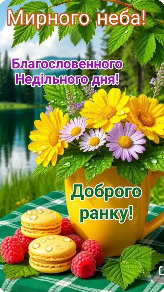 Квіти в чашці з ягідками та макаронами на зеленому килимку.