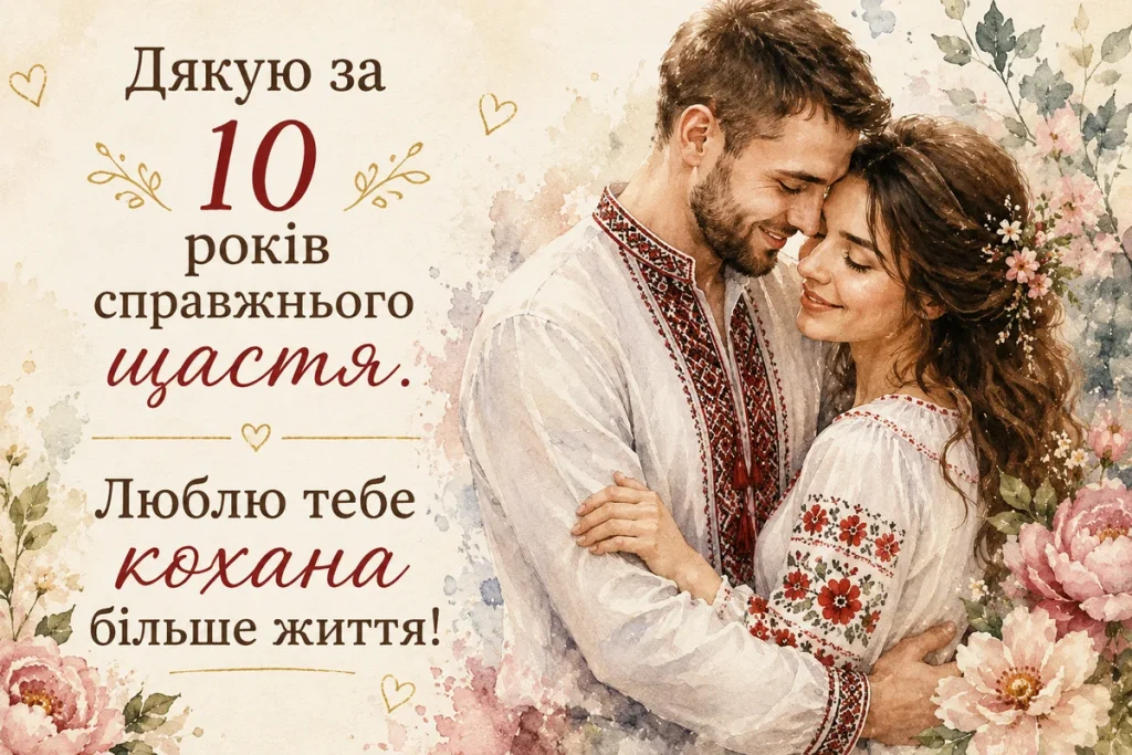 Чоловік і жінка обіймаються в українських сорочках на фоні квітів.