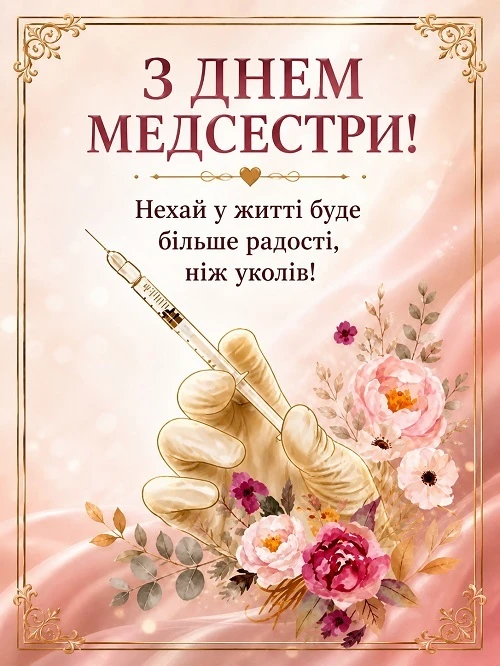 Вітальна картка медсестрі з квітами та шприцом