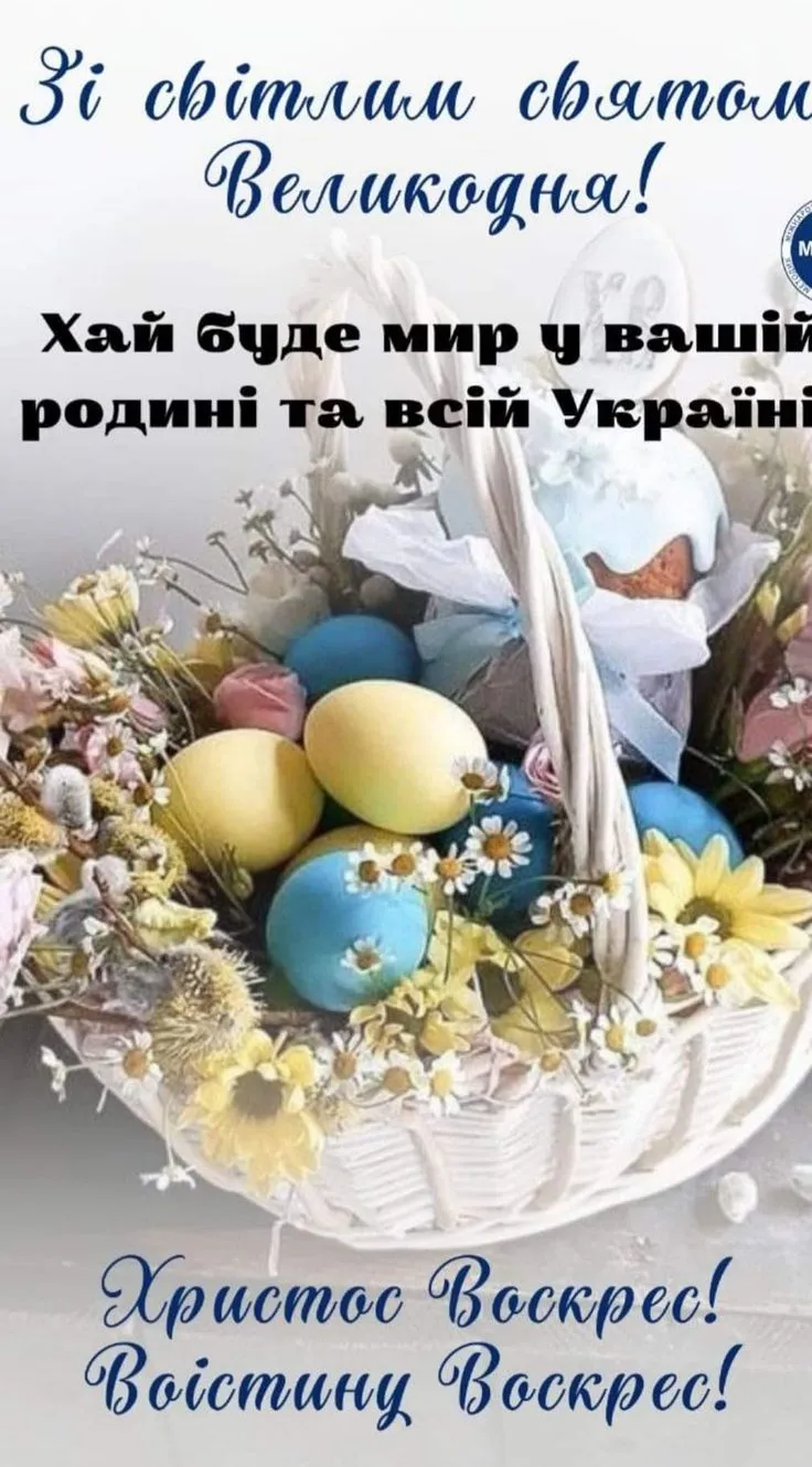 Корзина з великодніх яєць та квітів для свята Воскресіння.
