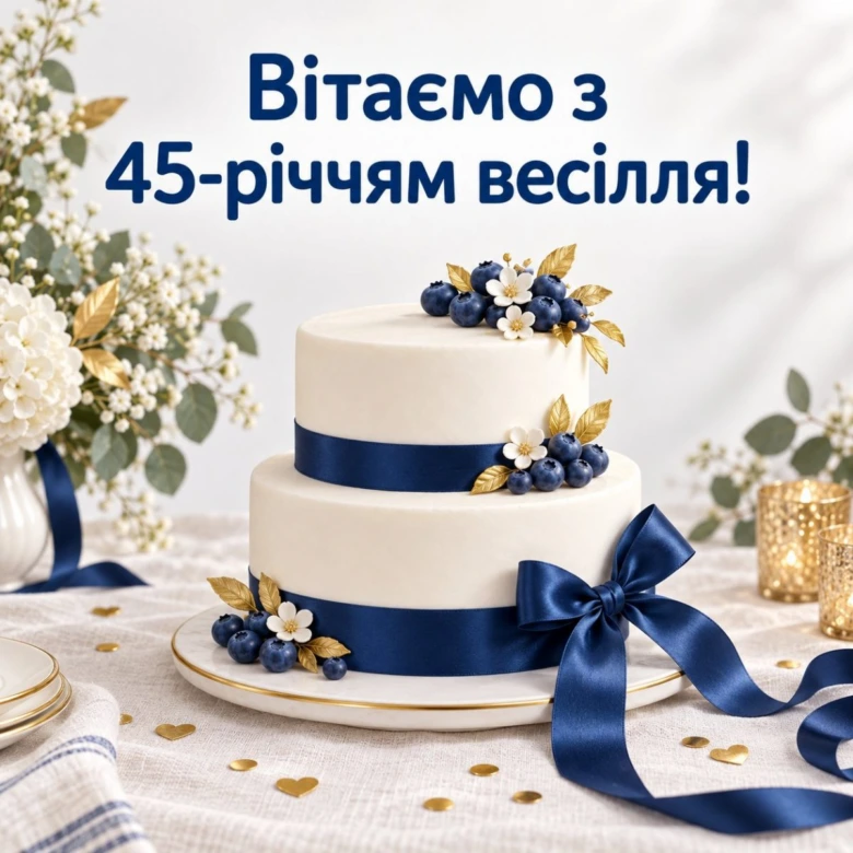 Декорований торт на столі з квітами та ягодами.