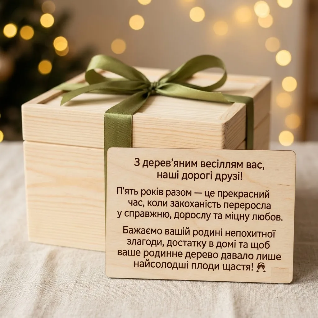 Дерев'яна коробка з привітанням до п'ятиріччя весілля.