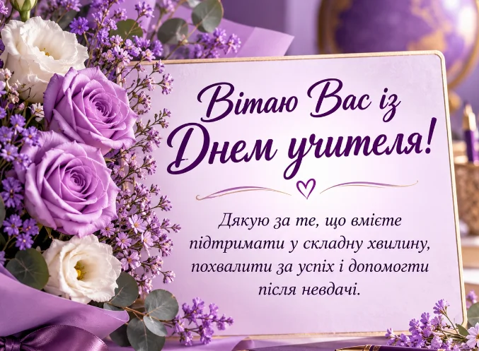 Квіти та вітальна картка з Днем вчителя українською.