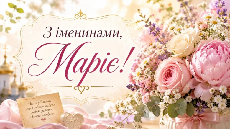Картка з днем ангела Марія у квітах